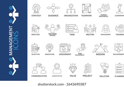Business or organisation management icon set.  Line art Containing manager, teamwork, strategy, marketing, business, planning, training, employee icons. Solid icons vector collection.