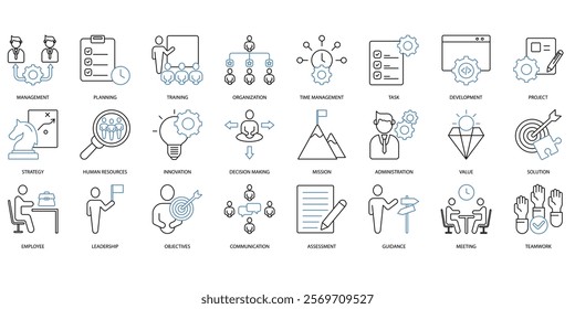 Business or organisation management icons set. Set of editable stroke icons.Set of Business or organisation management