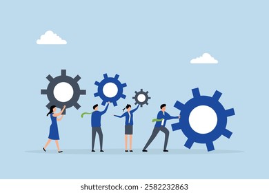 Business organization, Businessman and woman individuals grasping cogwheels gear to develop an organization
