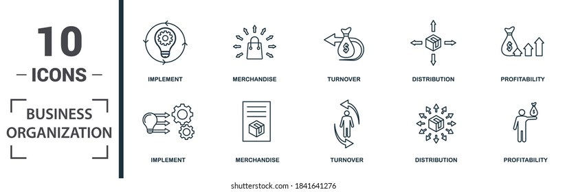 Business Organization icon set. Collection of simple elements such as the supervisor, negotiation, implement, merchandise. Business Organization theme signs.