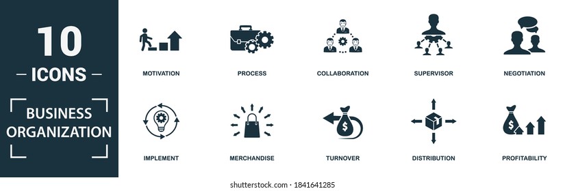 Business Organization icon set. Collection of simple elements such as the supervisor, negotiation, implement, merchandise. Business Organization theme signs.