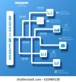 Business organization infographic template with white flowchart and icons on blue background vector illustration