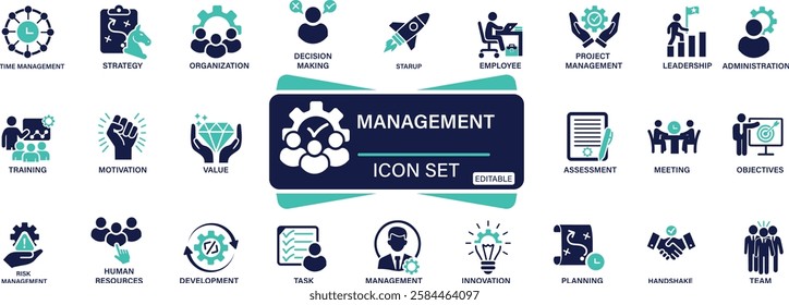 Business and organization management icon set. manager, teamwork, strategy, marketing, business, planning, training, employee You can easily change the color.