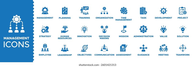 Business or organization management icon set. management icon set or pack, Containing manager, teamwork, strategy, marketing, business, planning, training, employee icons. Solid icon vector collection