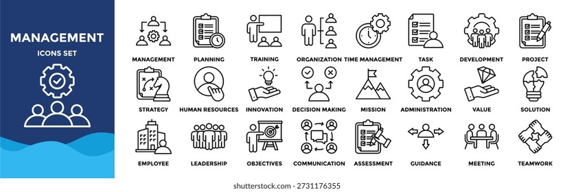 Business or organization management icon set. Containing manager, teamwork, strategy, marketing, business, planning, training, employee