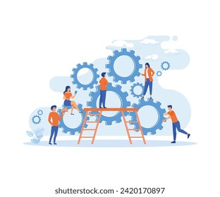 Organización empresarial de hombres y mujeres con el mecanismo de trabajo en equipo de encaje circular ilustración del concepto vectorial. ilustración moderna de vector plano 