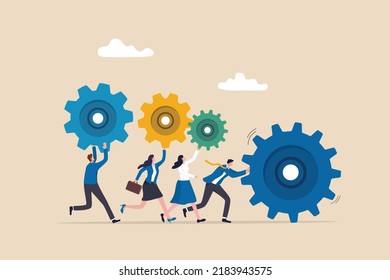 Business organization, people working together or teamwork to help success mission, cooperation or community concept, businessman and woman people holding cogwheels gear to build organization. - Shutterstock ID 2183943575
