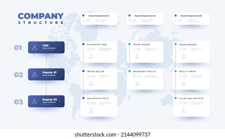 Business organization table. Company structure infographic template with corporate hierarchy elements. Vector illustration. CEO, head department, and deputy boxes with place for photo - Shutterstock ID 2144099737