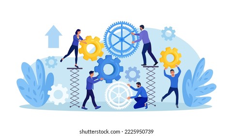 Business organization. Teamwork. People working together to help success mission. Businessmen are engaged in business promotion. Cooperation or community concept. Employees create mechanism with cogs