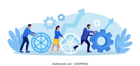 Business organization. Teamwork. People working together to help success mission. Businessmen are engaged in business promotion. Cooperation or community concept. Employees create mechanism with cogs