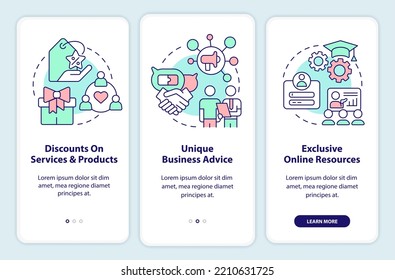 Business organizations benefits onboarding mobile app screen. Network walkthrough 3 steps editable graphic instructions with linear concepts. UI, UX, GUI template. Myriad Pro-Bold, Regular fonts used