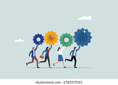 Business organizations, teamwork to help achieve a successful mission, the concept of cooperation or community, male and female entrepreneurs holding the gears to build an organization.