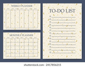 Business organizer paper sheets. Planners and to-do list worksheet template set. Beige stars on neutral background.