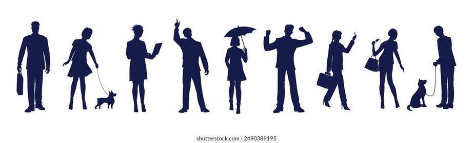 Business and other people, men, women with briefcase, smartphone, umbrella, women bag, laptop, glasses, dog. Standing, walking, emotionally gesturing, front, profile. Isolated silhouettes drawings set