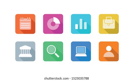 Business outline flat color icons calendar pie chart diagram chart histogram bag bank building skyscraper pc laptop Mac paper people data numbers report