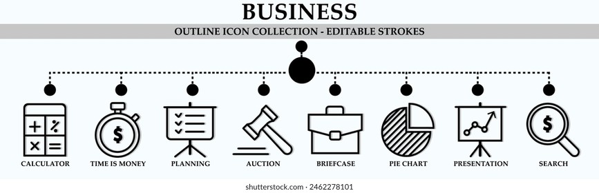 Business outline icon collection. Containing icons of calculator, presentation, pie chart, search, auction and more. Linear icon collection. Editable stroke. Vector illustration