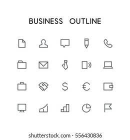 Business outline icon set - document, businessman, chat, pencil, phone, mail, folder, tie, notebook, dollar, euro, wallet, graph and others simple vector symbols. Work and job signs.
