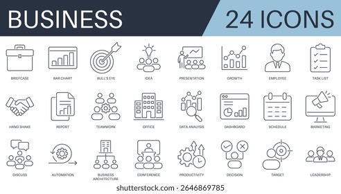 Business outline icon set with editable vector icons for leadership, growth, teamwork, marketing, targets, and data. Ideal for startups, entrepreneurs, and corporate use. Line icon pack.