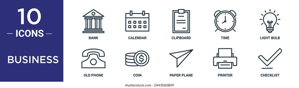 business outline icon set includes thin line bank, calendar, clipboard, time, light bulb, old phone, coin icons for report, presentation, diagram, web design