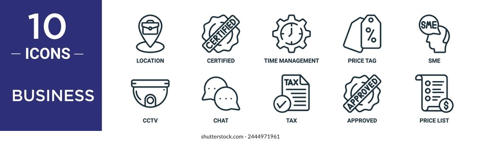 business outline icon set includes thin line location, certified, time management, price tag, sme, cctv, chat icons for report, presentation, diagram, web design