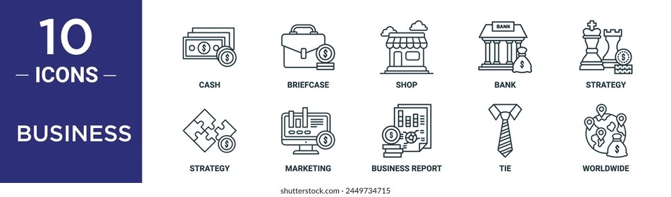 el conjunto de iconos de esquema de negocio incluye dinero en efectivo de línea fina, maletín, tienda, banco, estrategia, estrategia, iconos de marketing para informe, presentación, diagrama, Diseño web