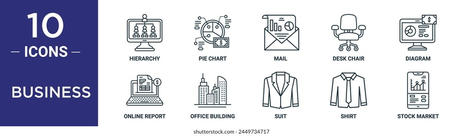 conjunto de iconos de esquema de negocio incluye jerarquía de líneas finas, gráfico circular, correo, silla de mesa, diagrama, informe en línea, iconos de edificio de oficinas para informe, presentación, diagrama, Diseño web