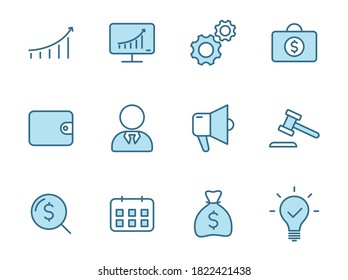 Business outline icon set in two colors isolated on white background. Business blue outline icons for web design, mobile apps, ui design and print.