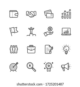 Business outline icons. Included icons as handshake, money, team, case, analytics, profit, signing documents, research achievement, promotion and more.