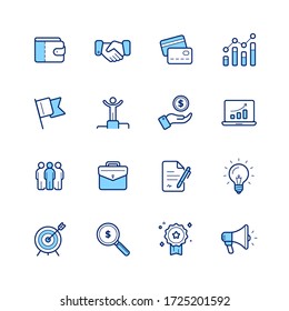 Business outline icons. Included icons as handshake, money, team, case, analytics, profit, signing documents, research achievement, promotion and more.