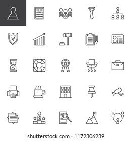 Business outline icons set. linear style symbols collection, line signs pack. vector graphics. Set includes icons as Stamp, Abacus, Group, Hierarchical structure, Profits, Auction, Briefcase, Building