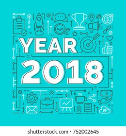 Business Outline Illustration with Linear Icons. Vector Company Infographics Concept 2018. Year of Goal Achievement,  Plan Implementation, Perspective assessment,  problem solution and Possibilities 