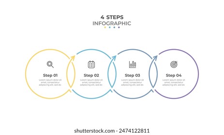 Business outline infographic label design with arrows and marketing icons. Concept of startup development with 4 options.