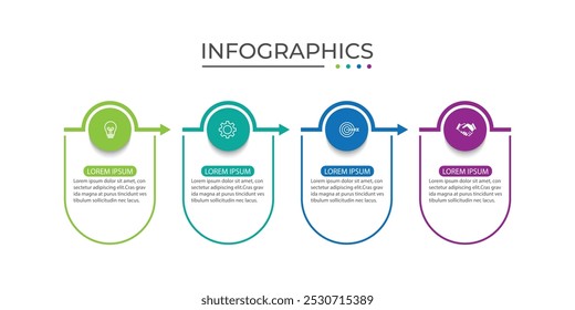 Business outline infographic label design with arrows and marketing icons with 4 options