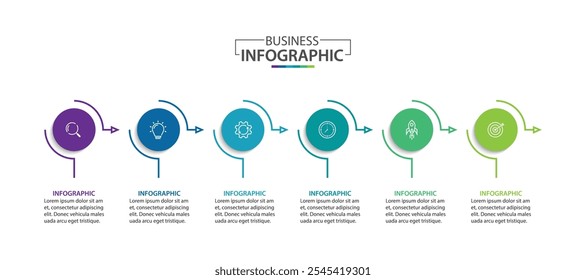 Business outline infographic label design with arrows and marketing icons. Concept of startup development with 6 options.
