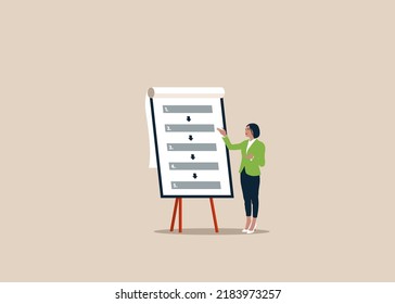 Business outline to step by step. Businesswoman present workflow and procedure in meeting. Planning sequence to finish project, standard or company policy.