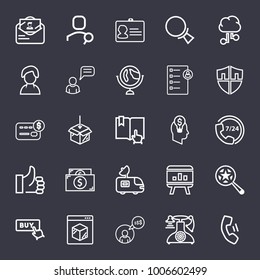 Business outline vector icon set on dark blue background