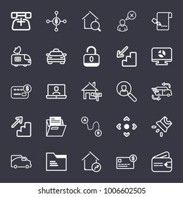 Business outline vector icon set on dark blue background