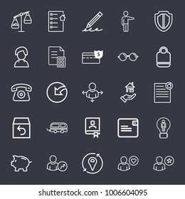 Business outline vector icon set on dark blue background