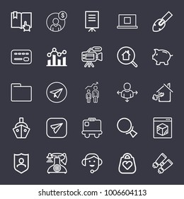 Business outline vector icon set on dark blue background