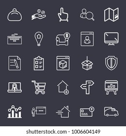 Business outline vector icon set on dark blue background