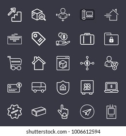 Business outline vector icon set on dark blue background