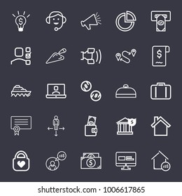 Business outline vector icon set on dark blue background