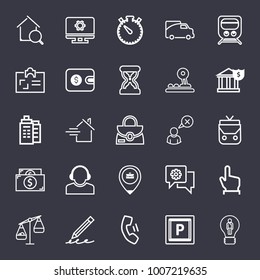 Business outline vector icon set on dark blue background