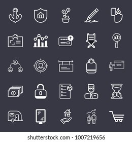 Business outline vector icon set on dark blue background