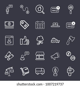 Business outline vector icon set on dark blue background