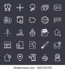 Business outline vector icon set on dark blue background