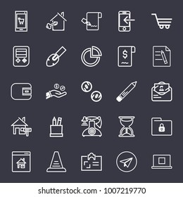 Business outline vector icon set on dark blue background
