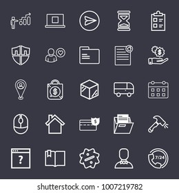 Business outline vector icon set on dark blue background