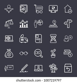 Business outline vector icon set on dark blue background
