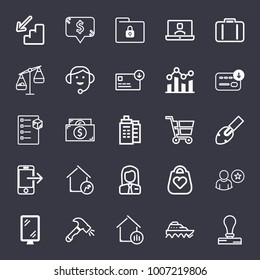 Business outline vector icon set on dark blue background